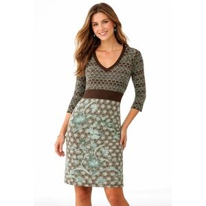 Vintage Athleta Dress Large Brown Aqua Boho Knit Sheath  Y2K Empire Waist